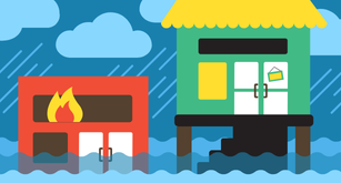 illustration depicting fires, floods, and storms impacting small businesses